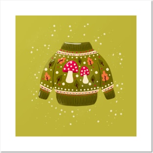 Christmas holiday sweater with cute mushrooms and leaves. Colorful winter festive illustration. Posters and Art